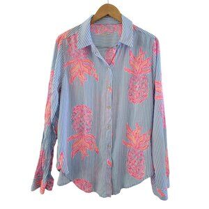 Lilly Pulitzer Blue White Striped Pineapple blouse size Large Coastal Preppy